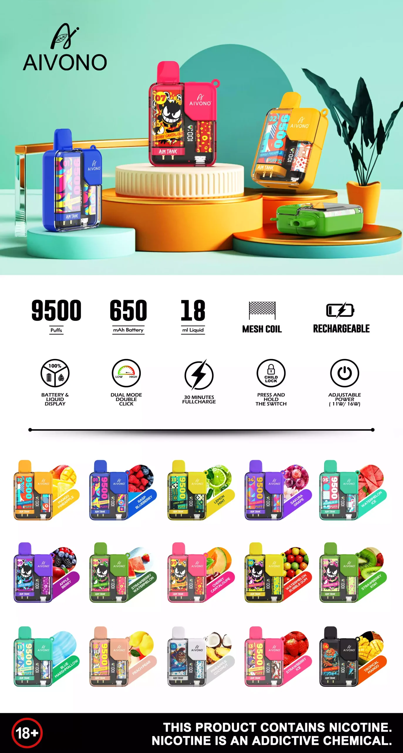 AIVONO Aim Tank 9500 Puffs Vape Одноразовый 0% 2% 3% 5% Аккумуляторная батарея оптом Купить оптом Одноразовый светодиодный дисплей для вейпа (1)