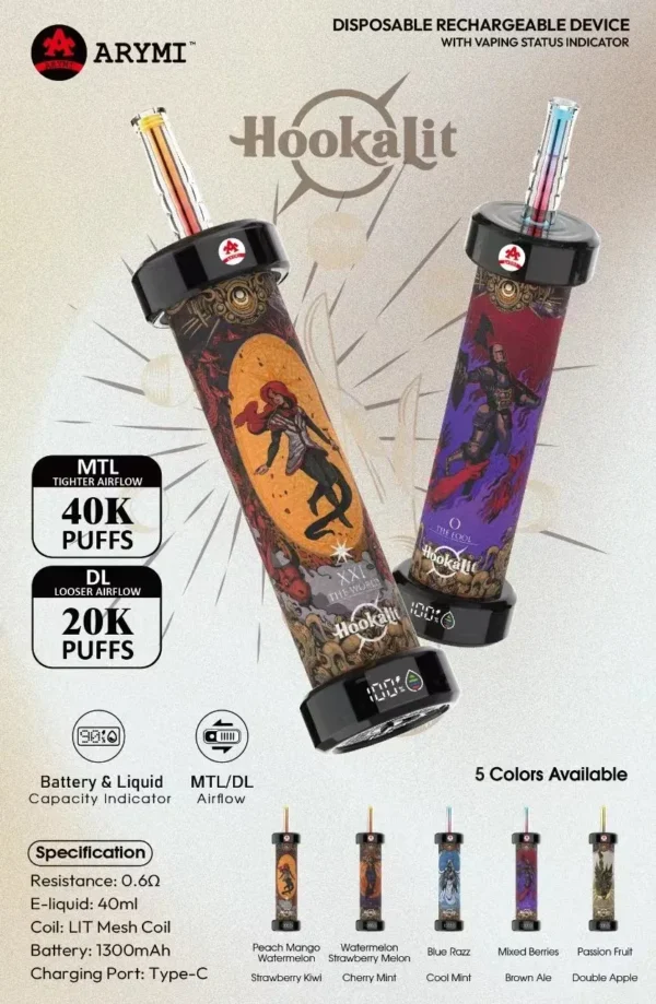 Caneta Vape descartável Arymi Hookalit 40000 Puffs atacado com bateria recarregável de 40ml 1000mAh 20 sabores em estoque (1)