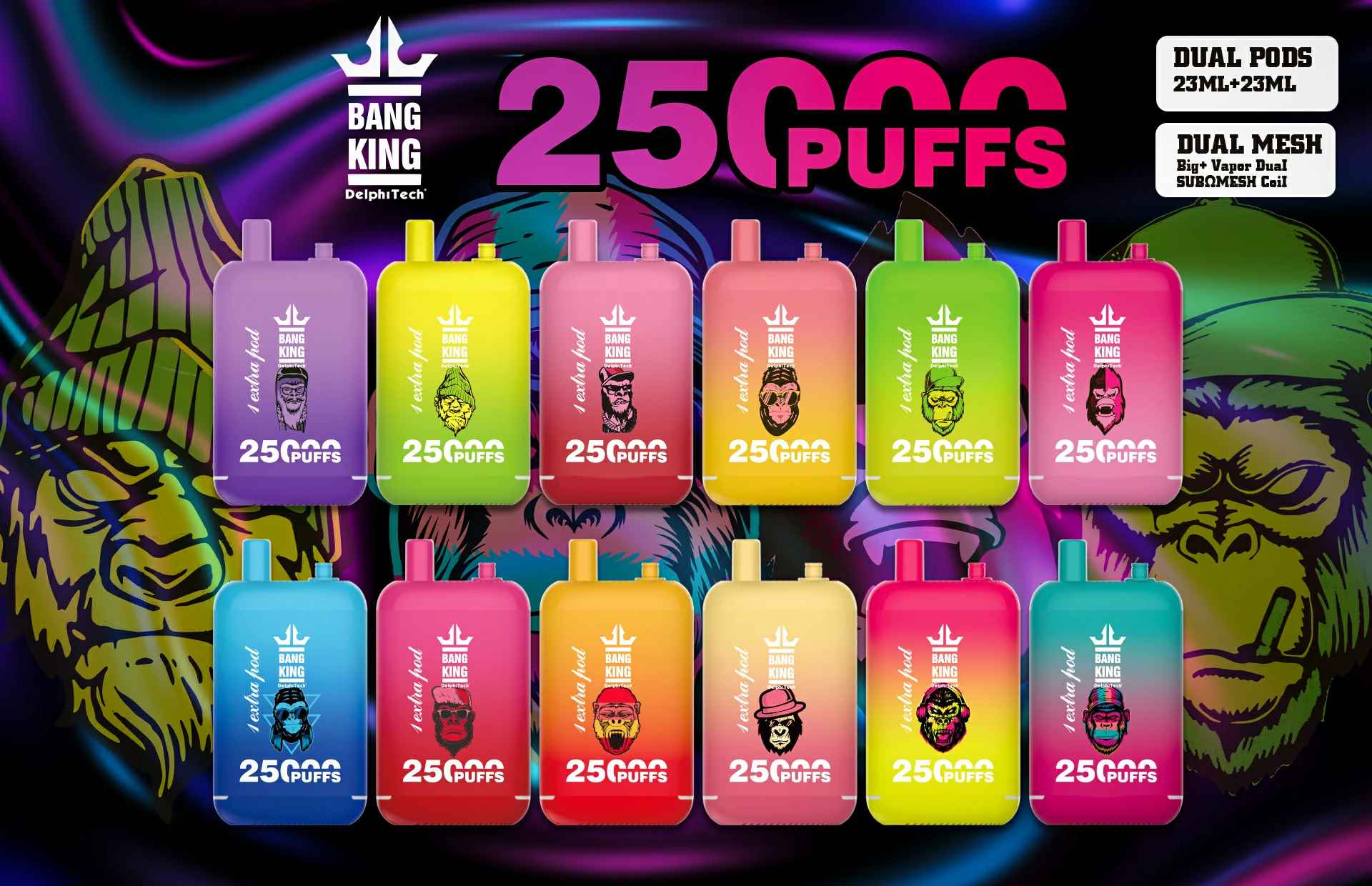 Bang King 25000 Puffs Tek Kullanımlık Vape Kalem Toptan Toplu Satın Al 0% 2% 3% 5% 23ml+23ml E-Sıvı Önceden Doldurulmuş Pod 650mah Şarj Edilebilir (3)