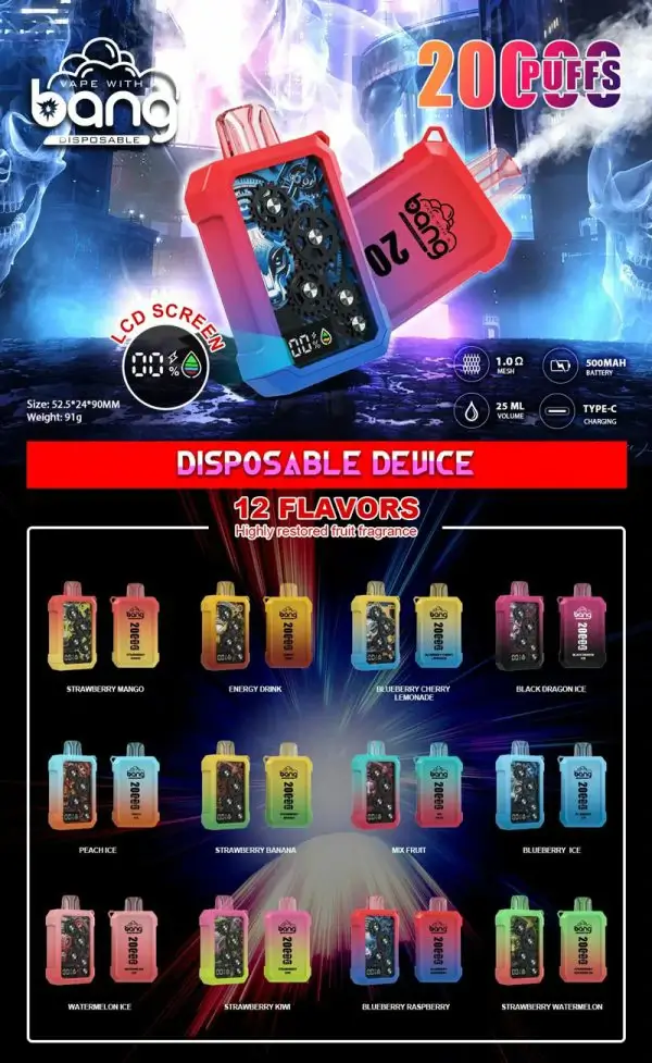 Einweg-Vape Original Bang Gear 20000 Puffs LED-Bildschirm 25 ml vorgefüllte 500-mAh-Akku-Zigarettenkapseln (4)