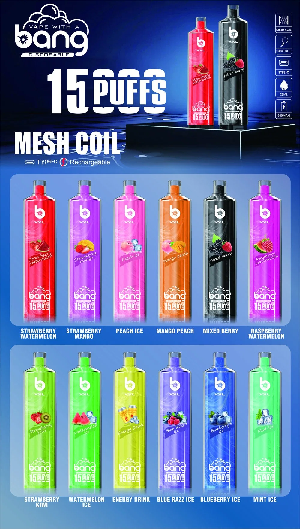 Wholesale Disposable Bang XXL Tn 15000 Puffs Vape 600mAh 24ml 12 Flavors 0% 2% 5% (10)
