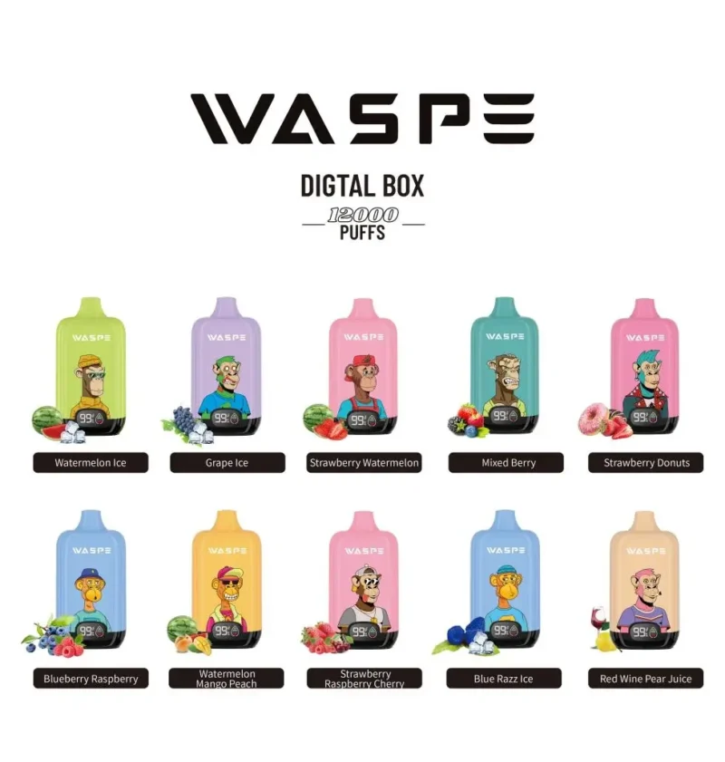 Achat en vrac WASPE 12000 PUFFS Boîte numérique 0% 2% 3% 5% Stylo vape jetable rechargeable en gros à faible teneur en nicotine 10 saveurs avec écran LCD (10)