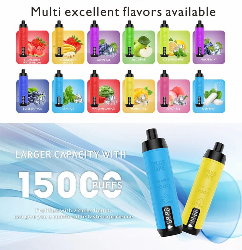 EPLUS VAPE SHISHA 15000 Puffs Rechargeable Buy Bulk Disposable Vapes 6% Nicotine Airflow Adjustable (3)