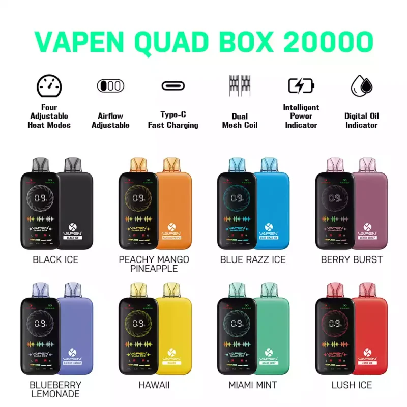 VAPEN QUAD BOX 20000 PUFFS Bulk Koop oplaadbare 2% 5% Lage nicotine 28 ML Groothandel Wegwerp vapes LED-licht 2024 Hot elektronische sigaret (8)