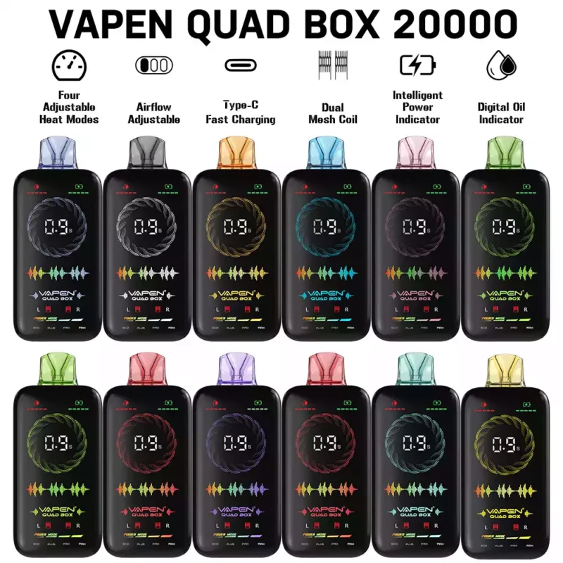 VAPEN QUAD BOX 20000 PUFFS Bulk Koop oplaadbaar 2 5 Laag nicotinegehalte 28 ML Groothandel Wegwerp vapes LED-licht 2024 Hot elektronische sigaret 9