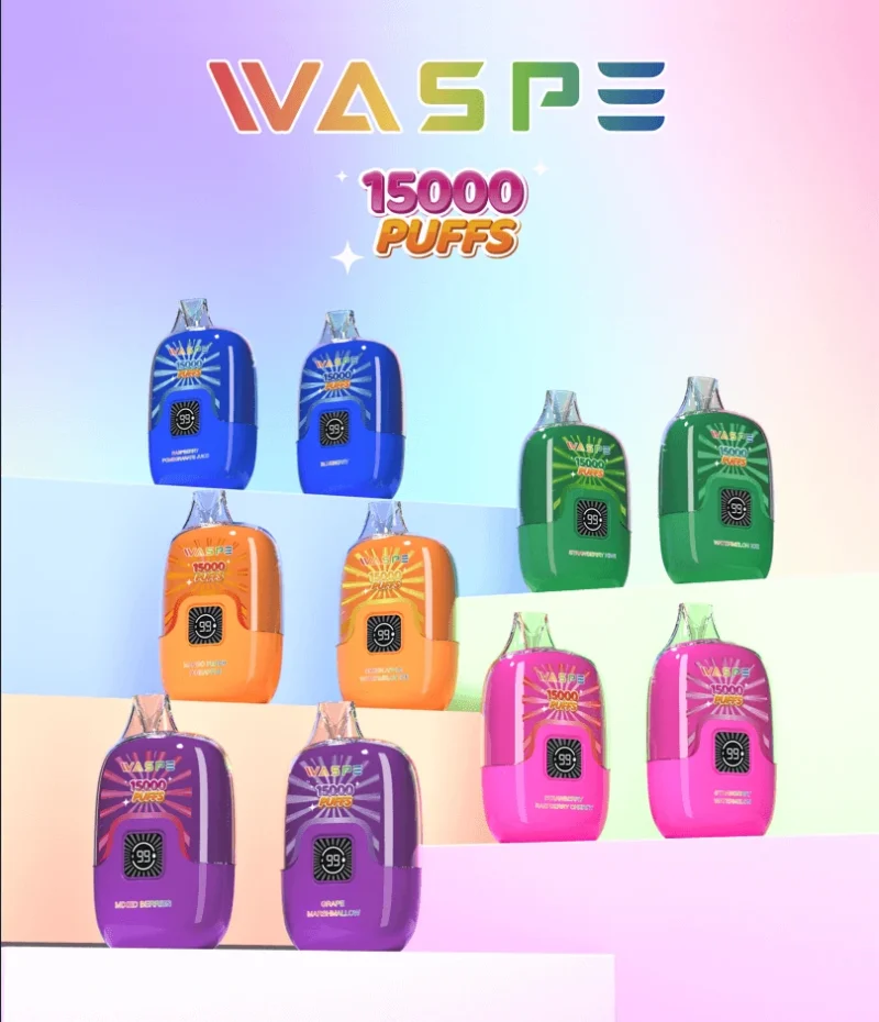 Цифрова коробка Waspe 15000 Puffs Оптова одноразова ручка Vape, перезаряджається 0% 2% 3% 5% Нікотин 22 мл РК-дисплей (2)