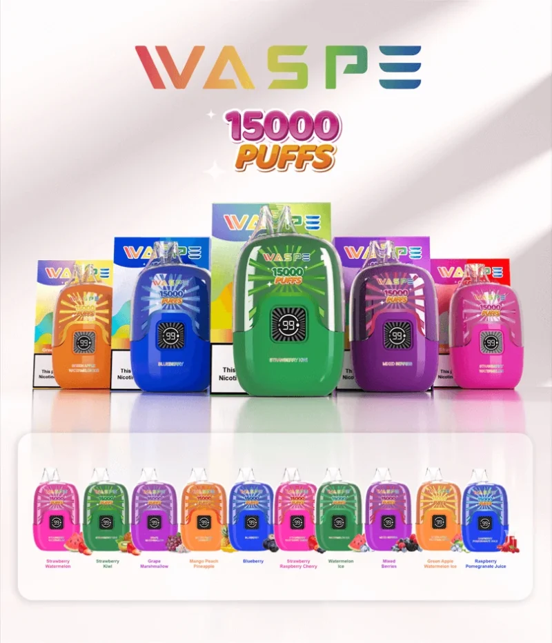 Цифрова коробка Waspe 15000 Puffs Оптова одноразова ручка для вейпа, перезаряджається 0% 2% 3% 5% Нікотин 22 мл РК-дисплей (4)